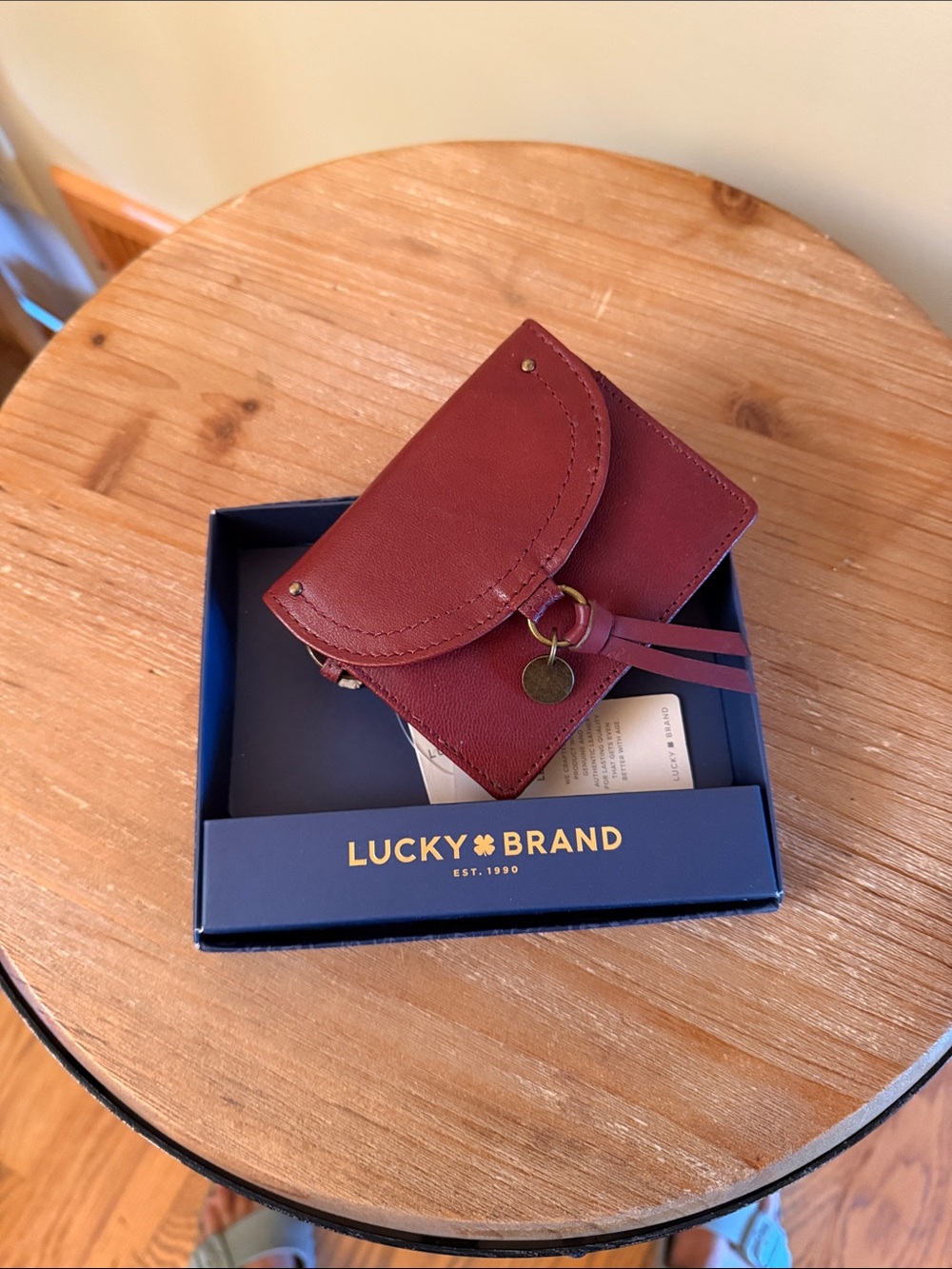Lucky Brand Wine Leather Mini card Wallet / key ring with Gold Charm